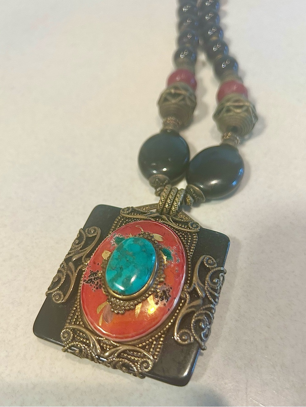 Handcrafted Turquoise Pendant Necklace in Coral and Brass